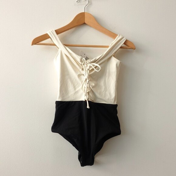White One Piece Swimsuit 4‎ Black Off Shoulder Colorblock Lace Up Hipster Anja - Picture 1 of 11
